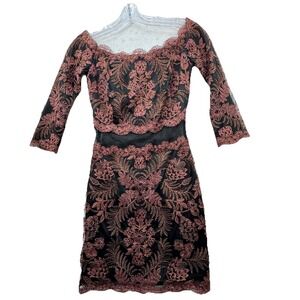Tadashi Shoji Black Lace Designer Dress‎ Size 0  Floral Embroidered Lined Event